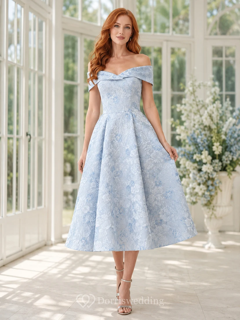 Sky Blue Off-the-shoulder Lace Tea Dress