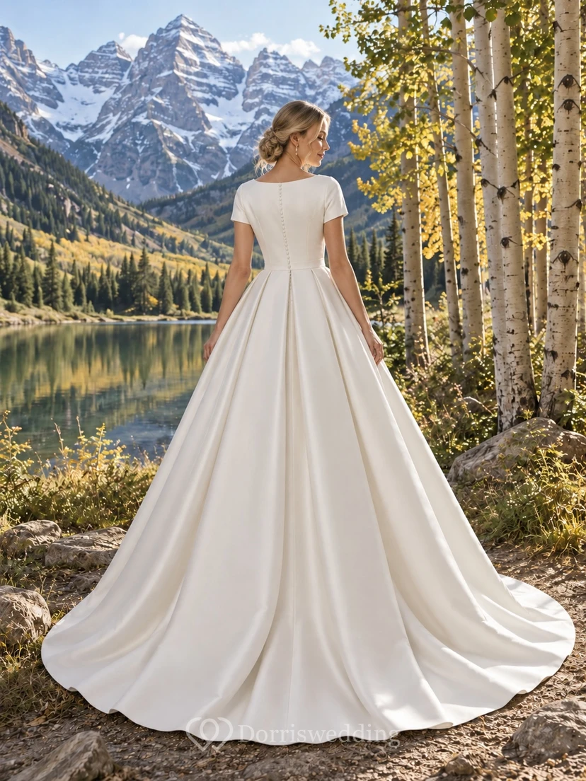 Vestido de novia sencillo de corte A, escote barco, manga corta, satén liso, largo hasta el suelo view 2