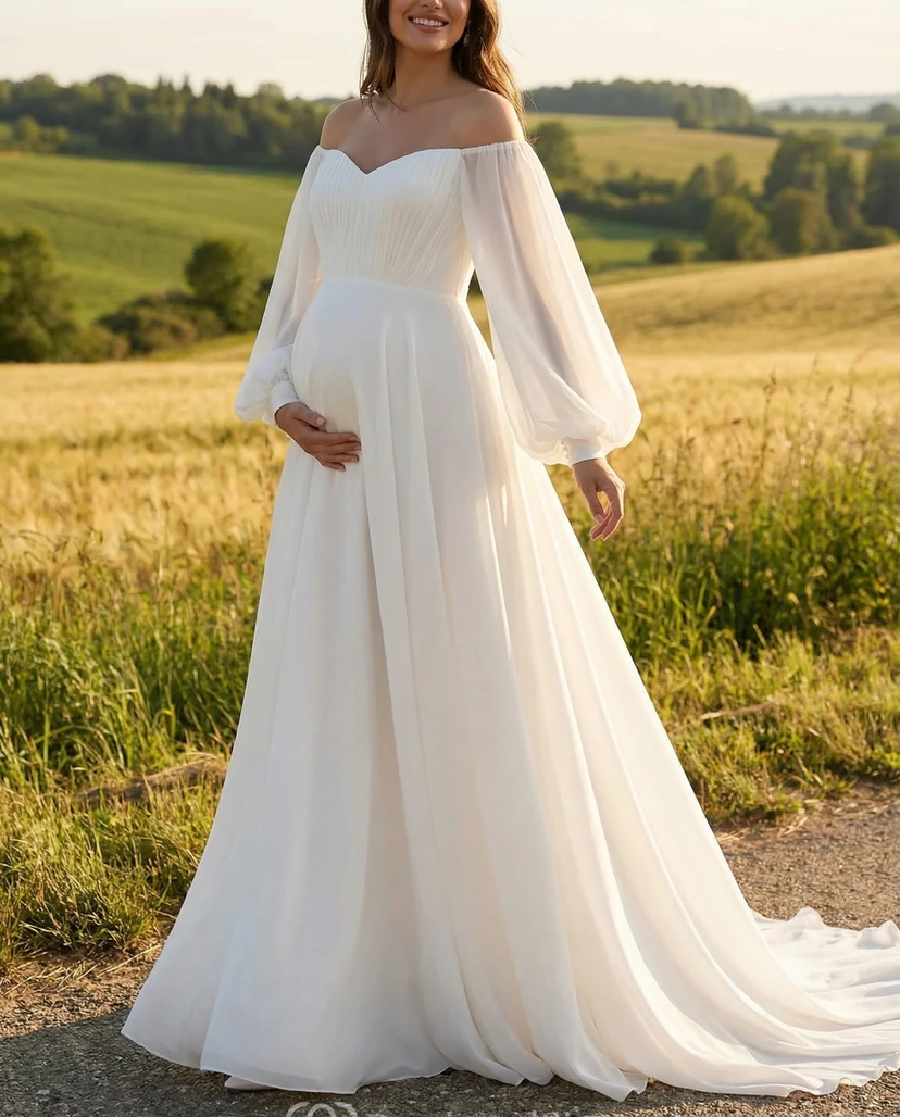 White Off Shoulder Maternity Wedding Dress with Poet Sleeves
