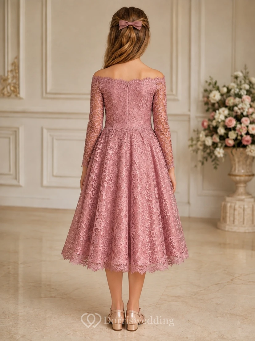 Dusty Rose Romantic Off-Shoulder Lace-Tulle Long-Sleeve A-Line Tea-Length Dress view 2