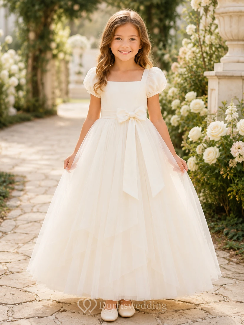 Bow Back Tulle A-Line Flower Girl Dress with Jewel Neck and Tea-Length Skirt