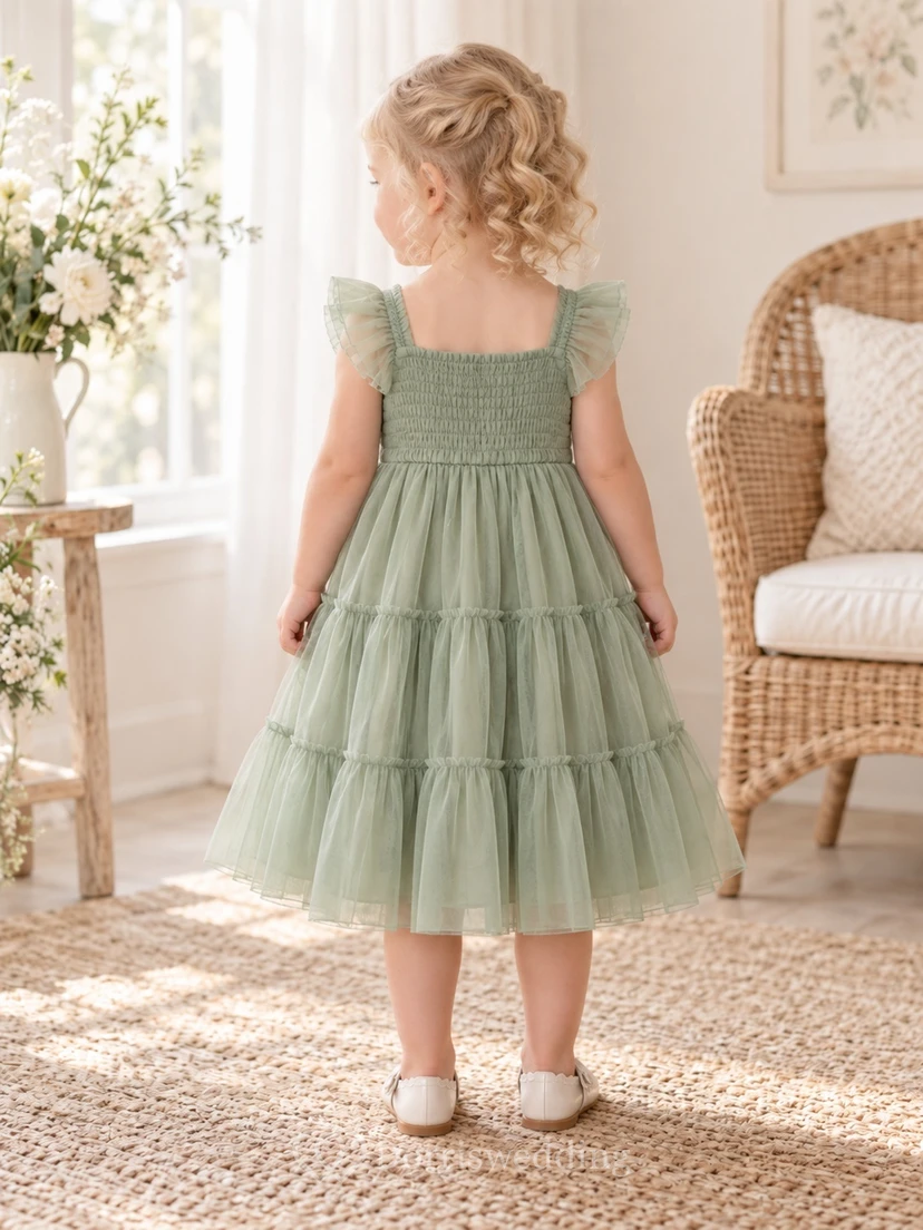 Teelanges, salbeigrünes Sommerkleid in A-Linie aus Tüll mit eckigem Ausschnitt, flatternden Ärmeln und Smokdetails für Blumenmädchen view 2