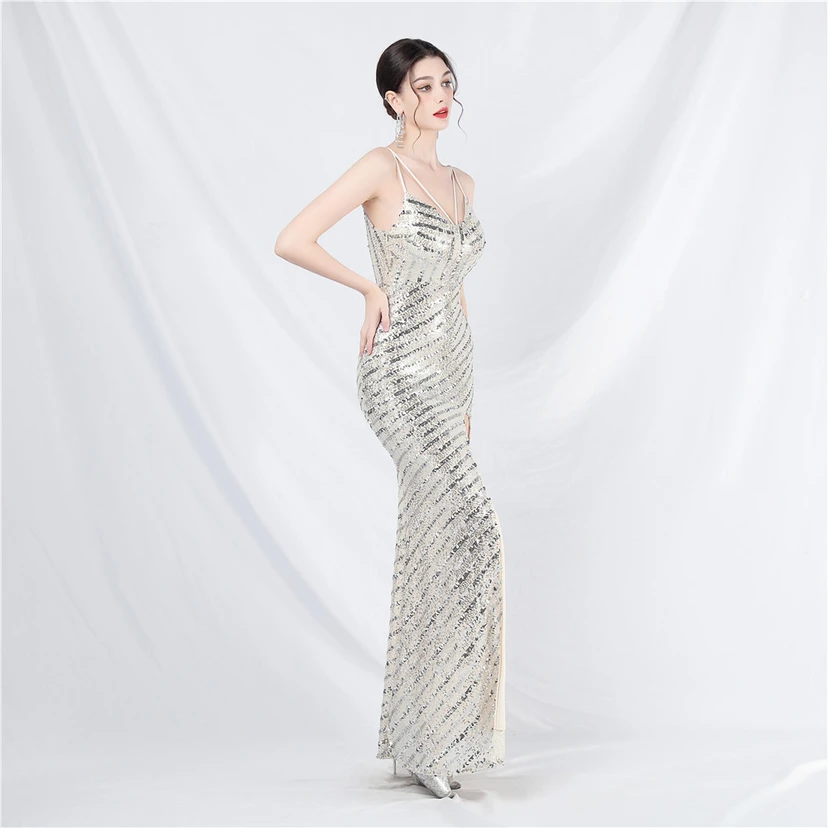 Fashionable Women'S Suspender Low-Cut Sequined Evening Dress view 64