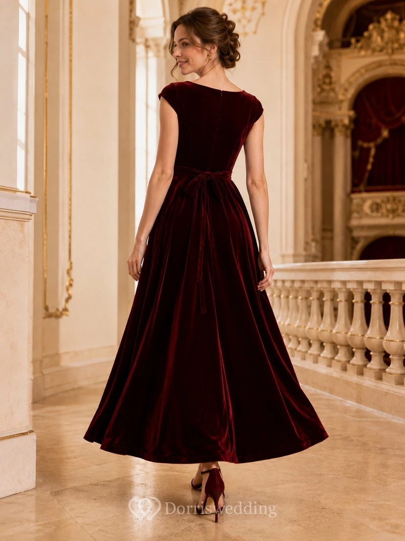 Burgundy Bateau Cap Sleeve Velvet A Line Ankle Formal Guest Dress view 2