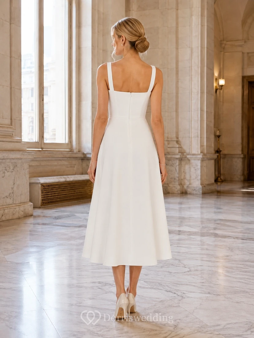 Vestido de novia sencillo, formal, sin mangas, de corte A, largo hasta la rodilla, escote cuadrado, para juzgado civil. view 2
