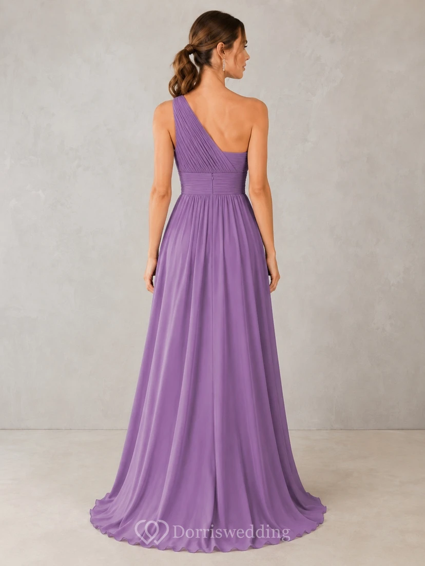 Purple Chiffon A-Line One-Shoulder Floor-Length Split Formal Prom Dress view 2