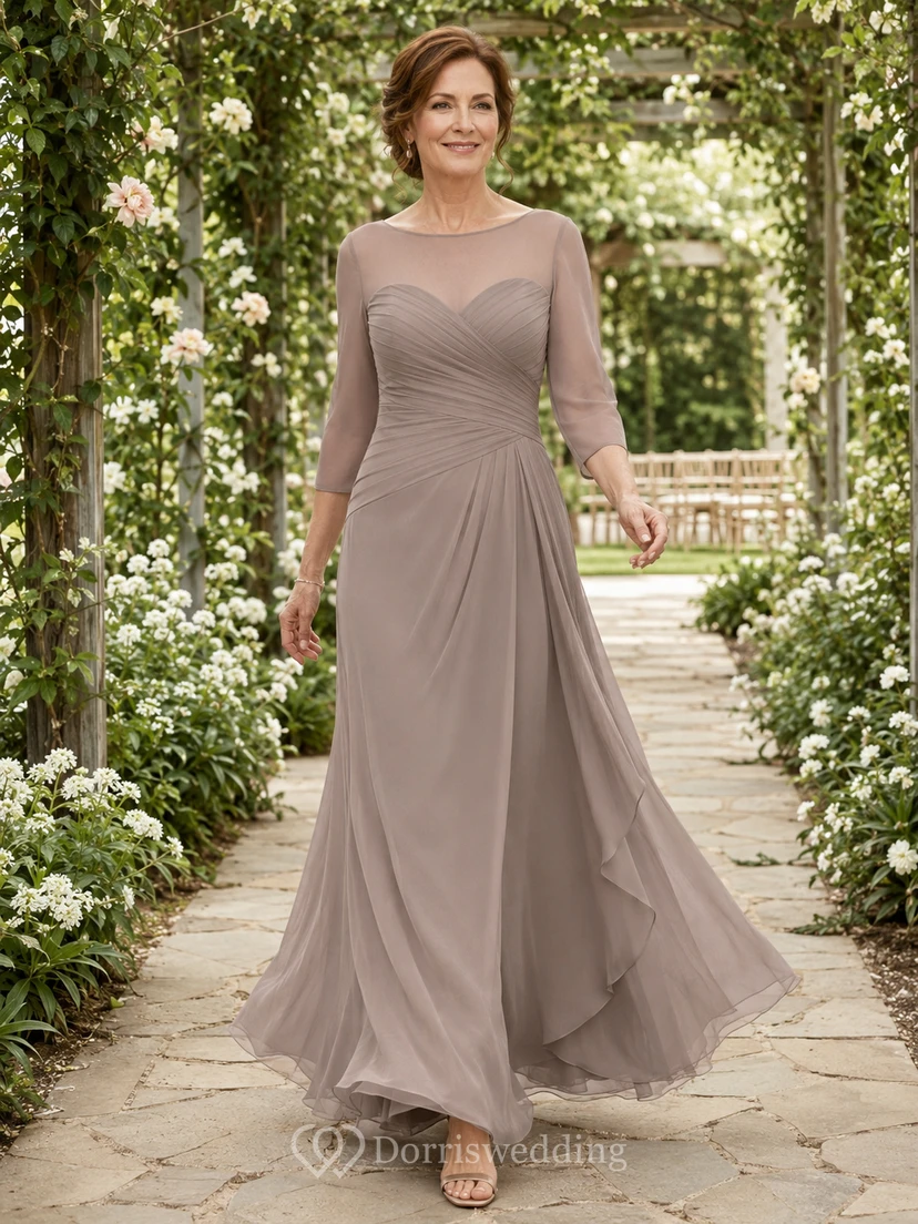 Taupe illusion sleeve sweetheart chiffon A line mother gown