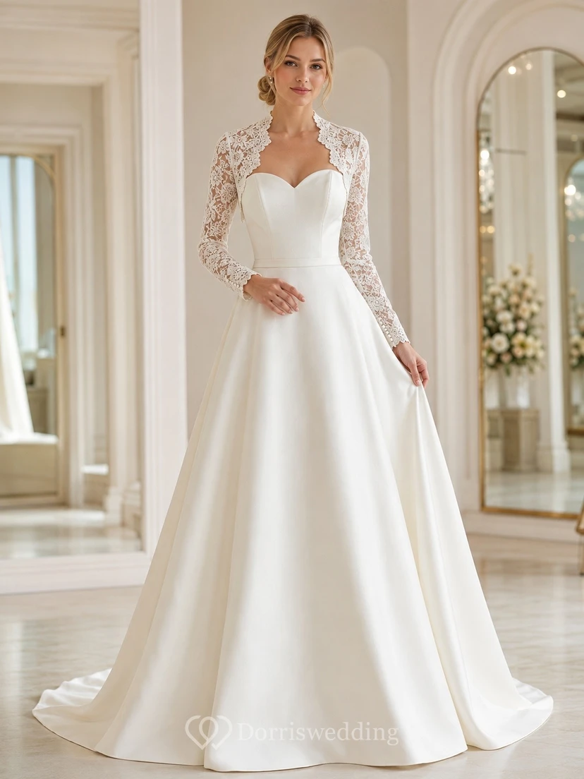 High Long Sleeve Neck Classic Wedding Dress A-Line Lace