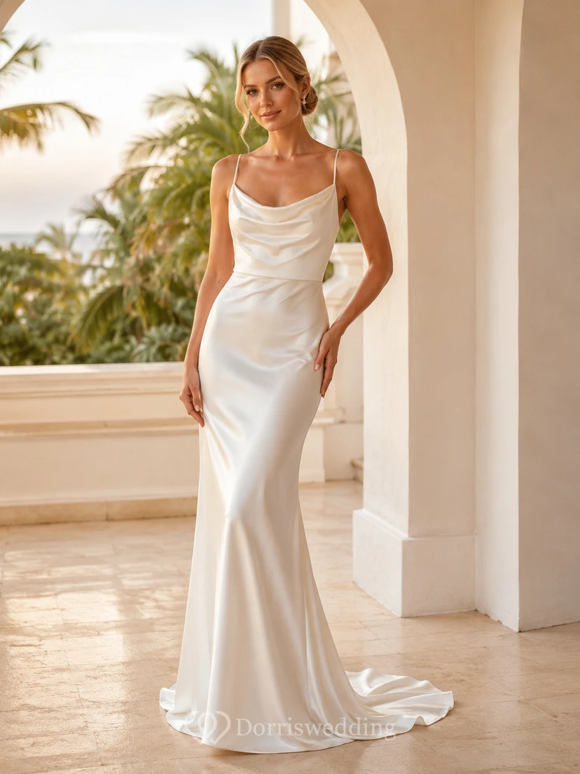 Sleek cowl neck satin rehearsal sheath gown with spaghetti straps