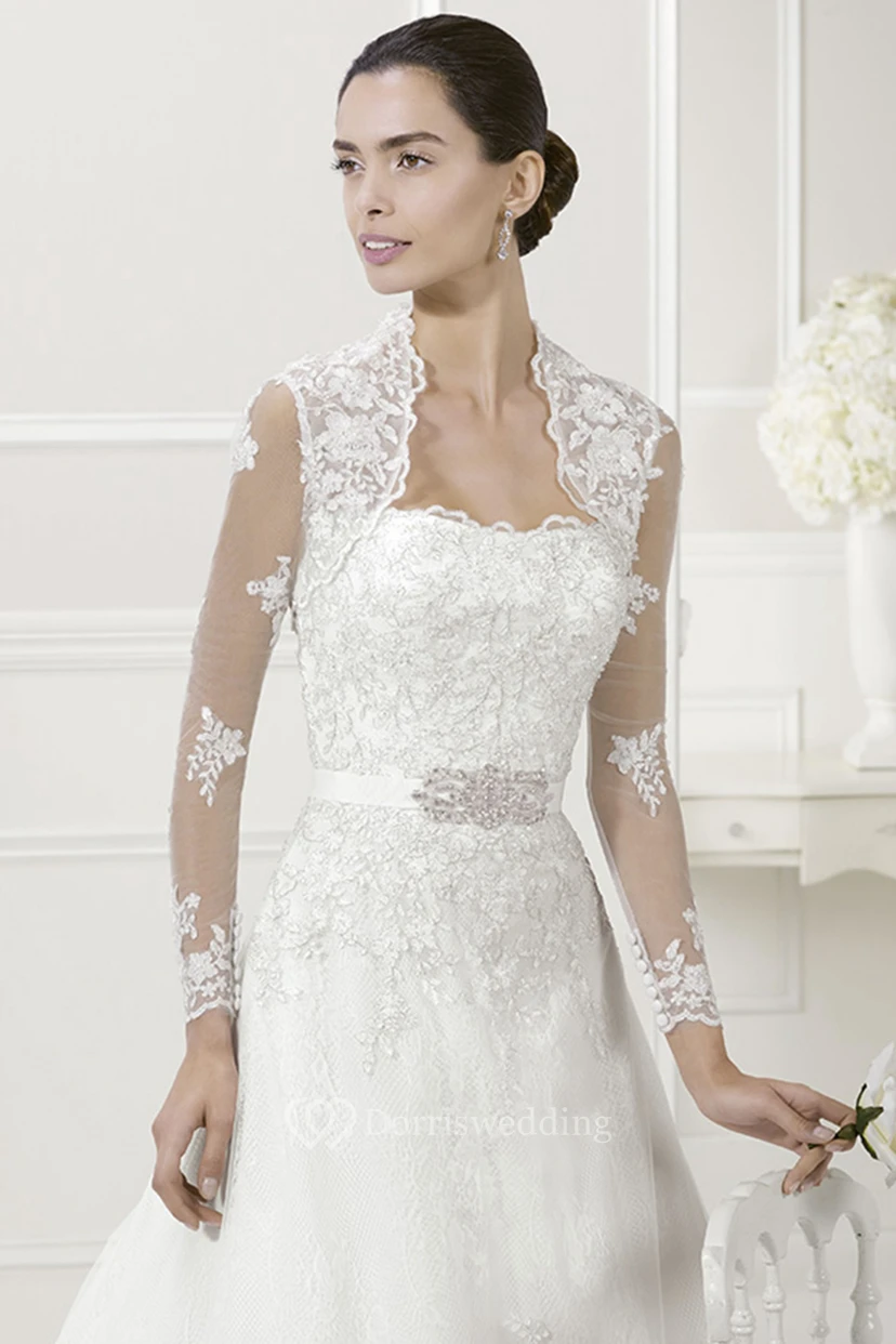Strapless Lace Bridal Gown With Removable Long-Sleeve Jacket view 3