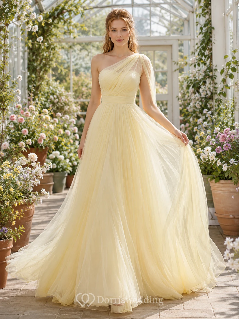 Yellow One Shoulder Tulle Greenhouse A Line Bridal Gown