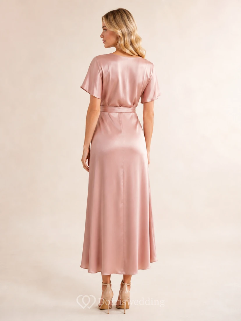 Rosafarbenes Satin-Wickelkleid mit flatternden Ärmeln und Rüschen, Midi-Länge, für besondere Anlässe view 2