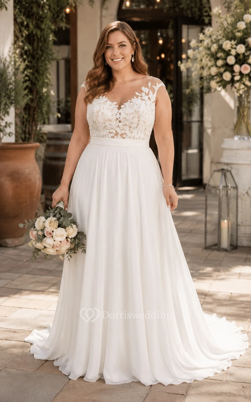 Robe de mariée en mousseline blanche à manches courtes et dentelle illusion, coupe trapèze view 4
