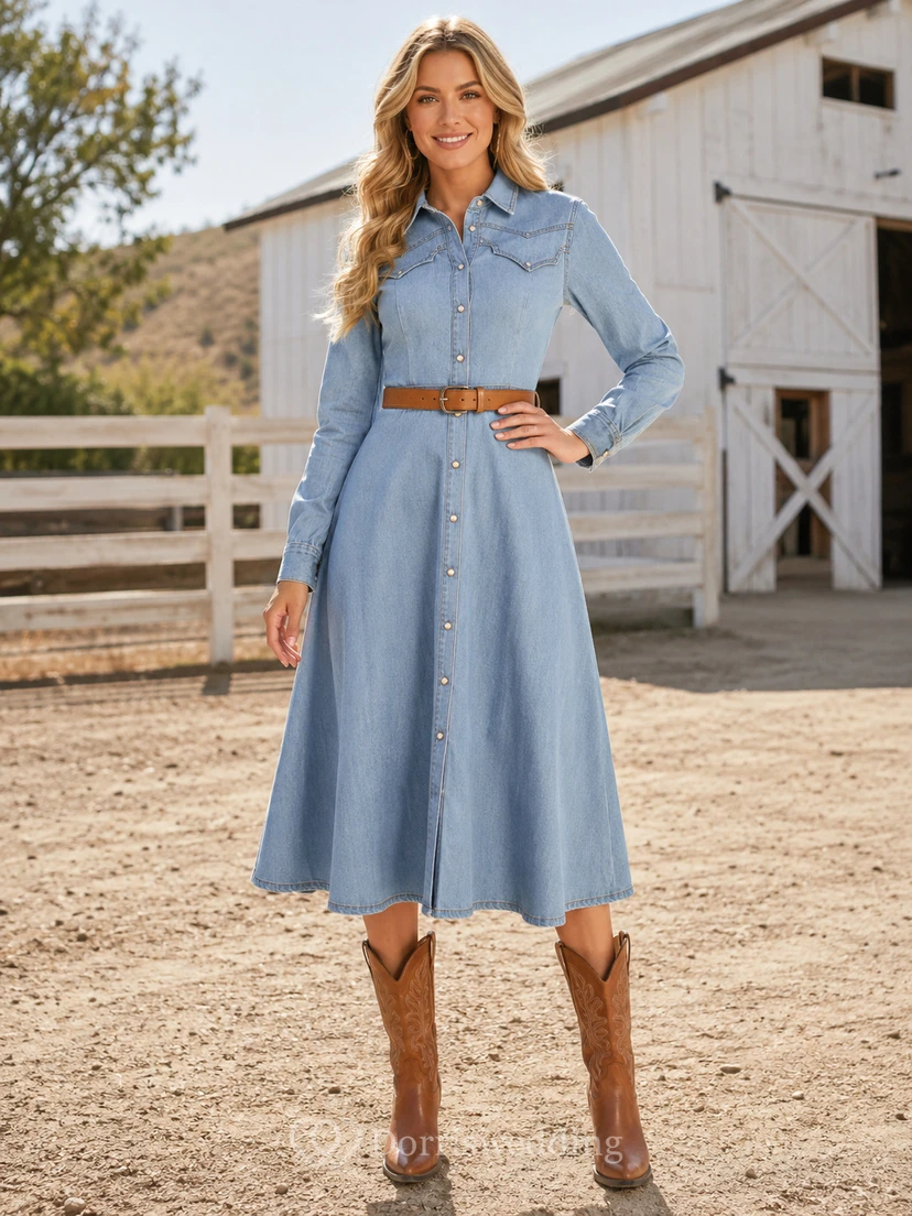 Himmelblaues Western-Hemdkleid mit Gürtel, langen Ärmeln und A-Linien-Schnitt, Midi-Länge