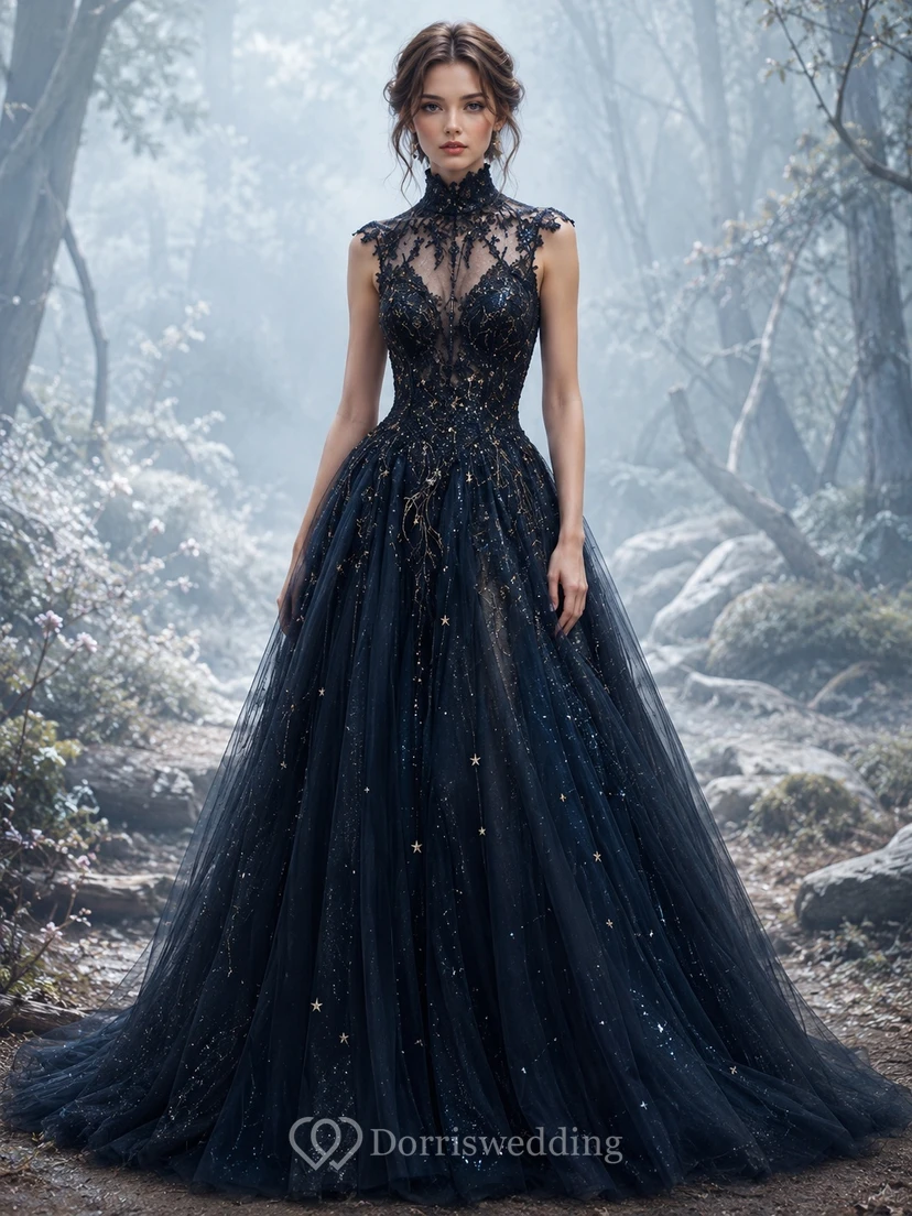 Schwarzes gotisches Pailletten-Ballkleid mit hohem Kragen, Spitze und Kathedralenschleppe