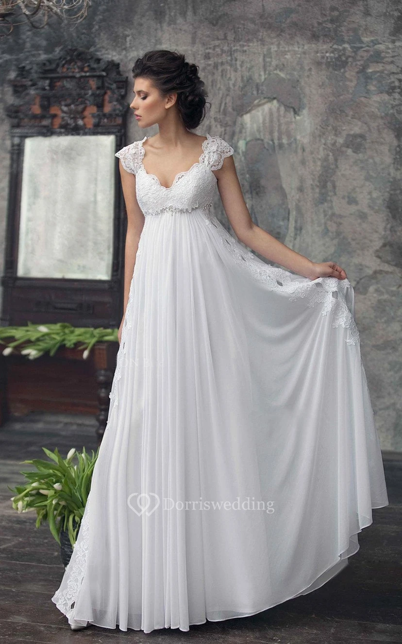 Empire Cap-Sleeve Chiffon Dress With Pleats And Appliques video preview