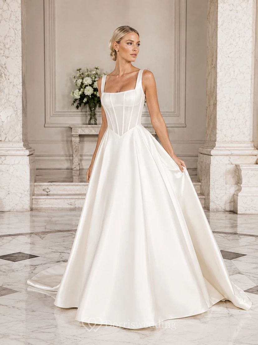 Vestido de novia sencillo de satén con escote cuadrado y varillas a la vista, corte en A.