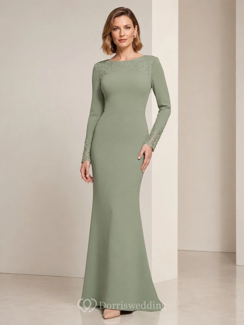 Vestido largo ajustado de manga larga con cuello joya en jersey verde salvia