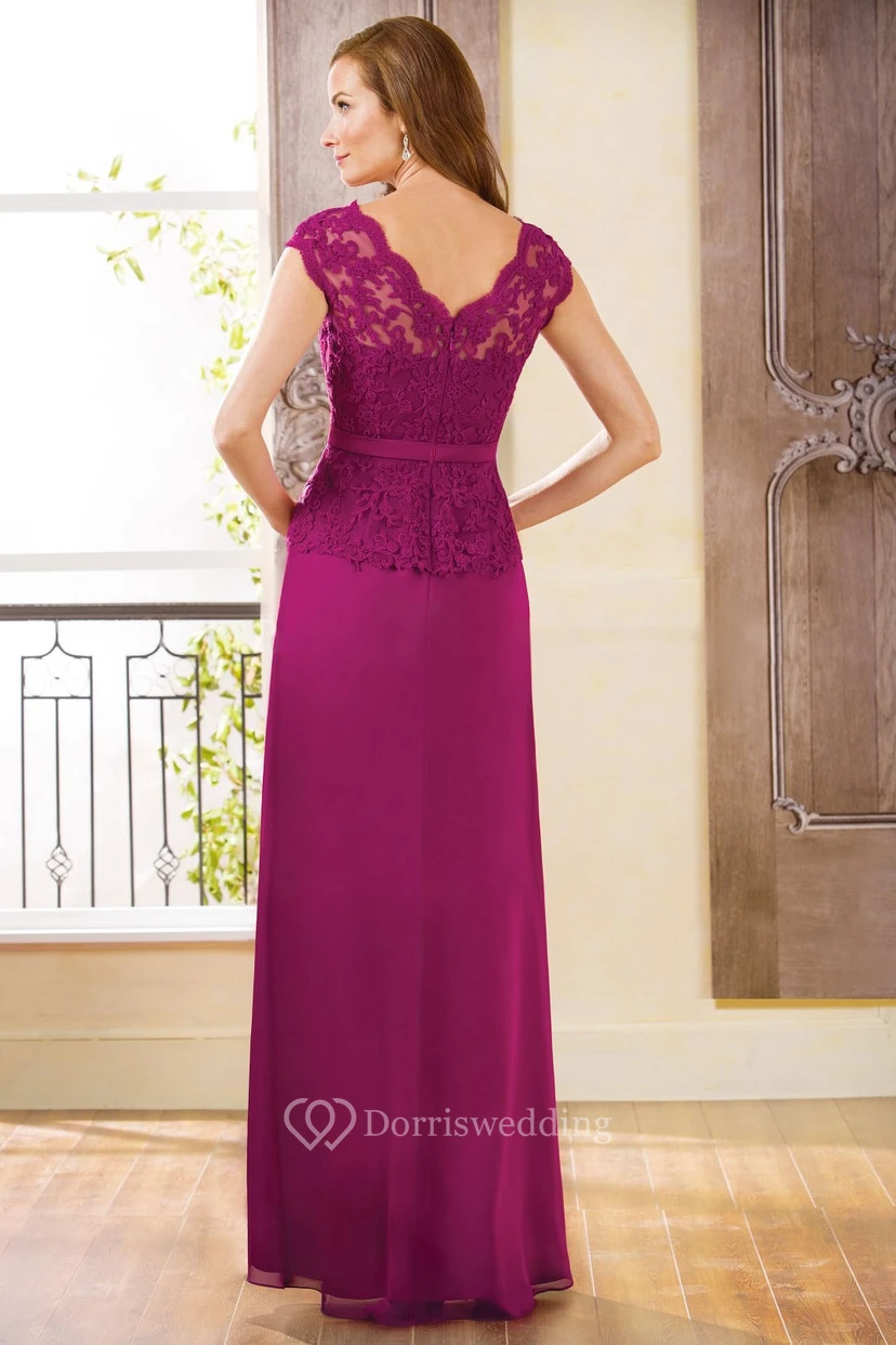 Cap-Sleeved V-Neck Long Peplum Style Mother Of The Bride Dress With Lace view 2