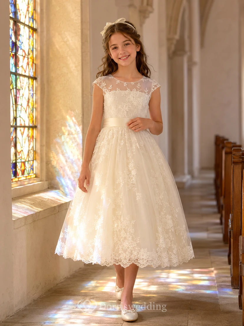Button Back Bateau Lace Cap Sleeve Tulle First Communion Tea Dress