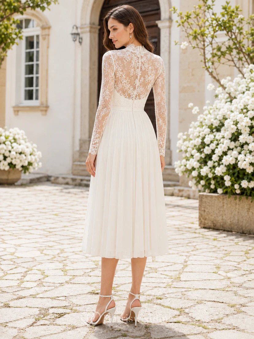 Modest Halter High Neck Long Illusion Lace Sleeve Tea Length Wedding Dress view 2