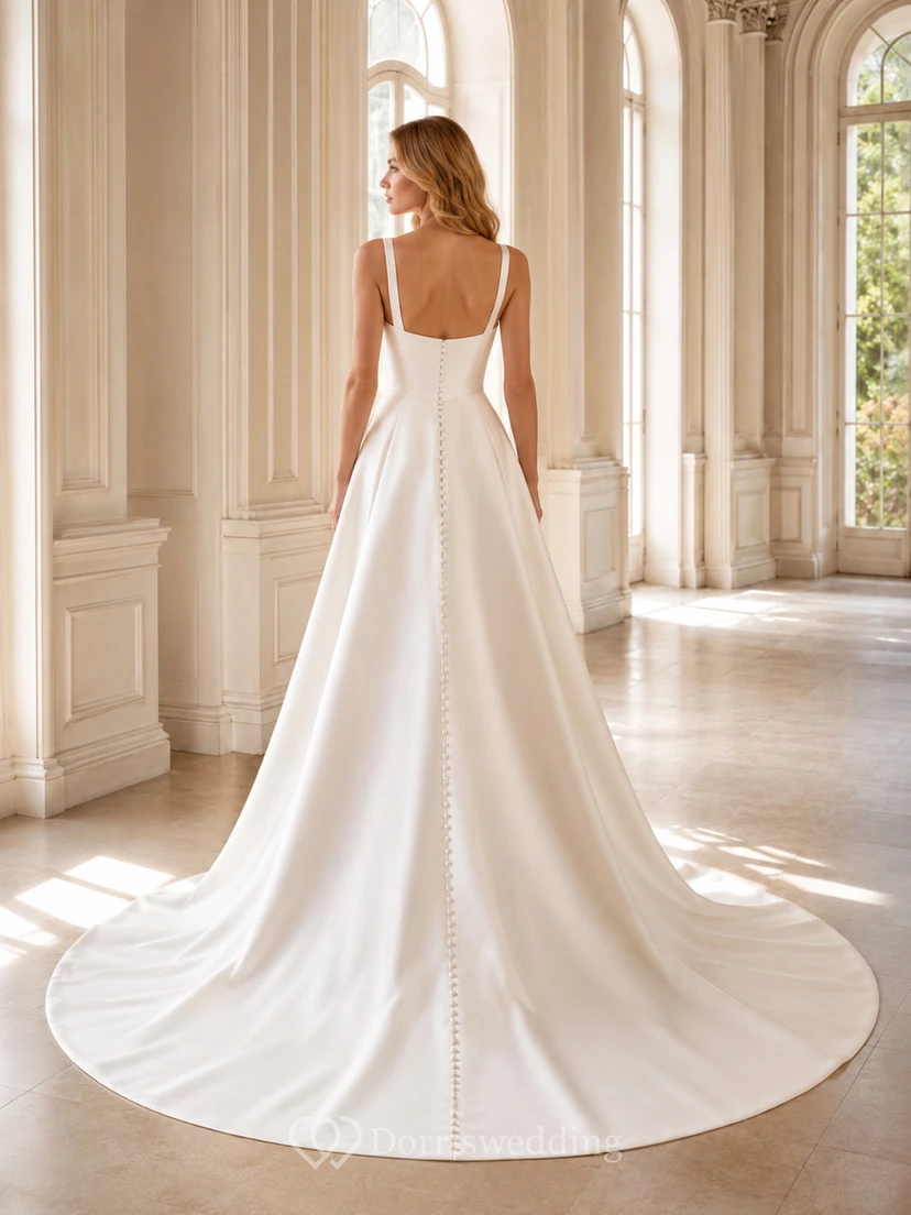 Robe de mariée minimaliste en satin, coupe trapèze plissée, col carré et traîne chapelle view 2