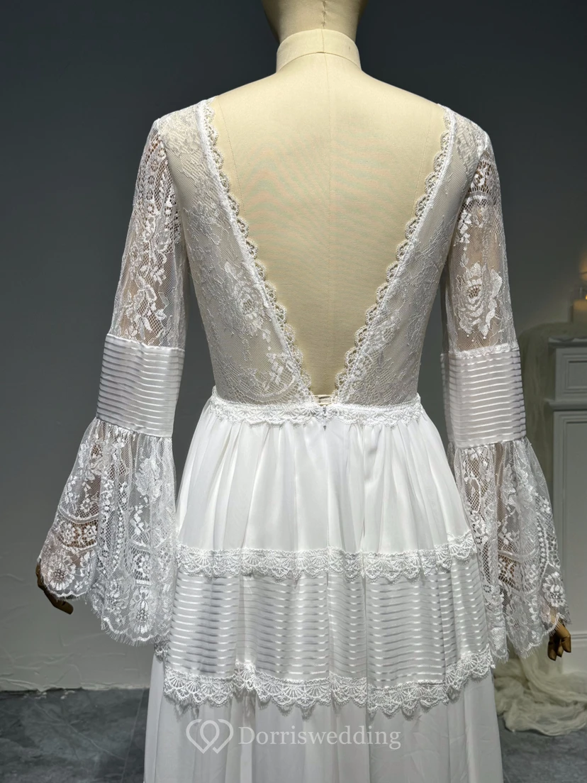 Boho-Chic-Strandhochzeitskleid mit Spitze, langen Ärmeln und tiefem V-Ausschnitt, langen Ärmeln und tiefem Rückenausschnitt view 9