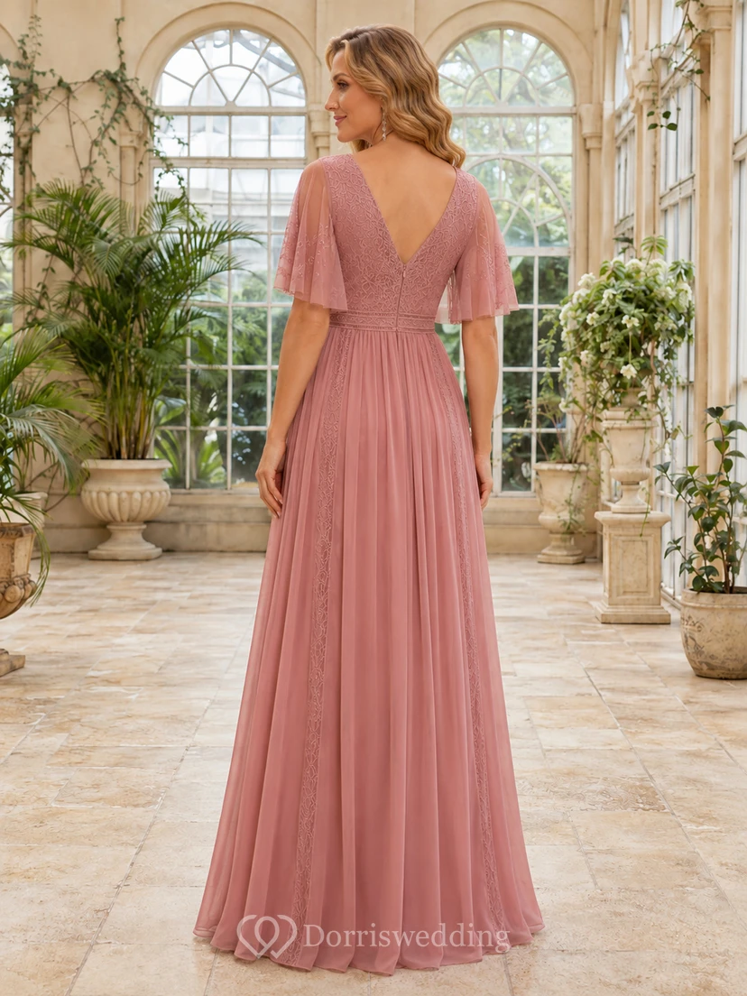 Altrosafarbenes, bodenlanges Boho-Kleid mit V-Ausschnitt, Spitze, flatternden Ärmeln view 2