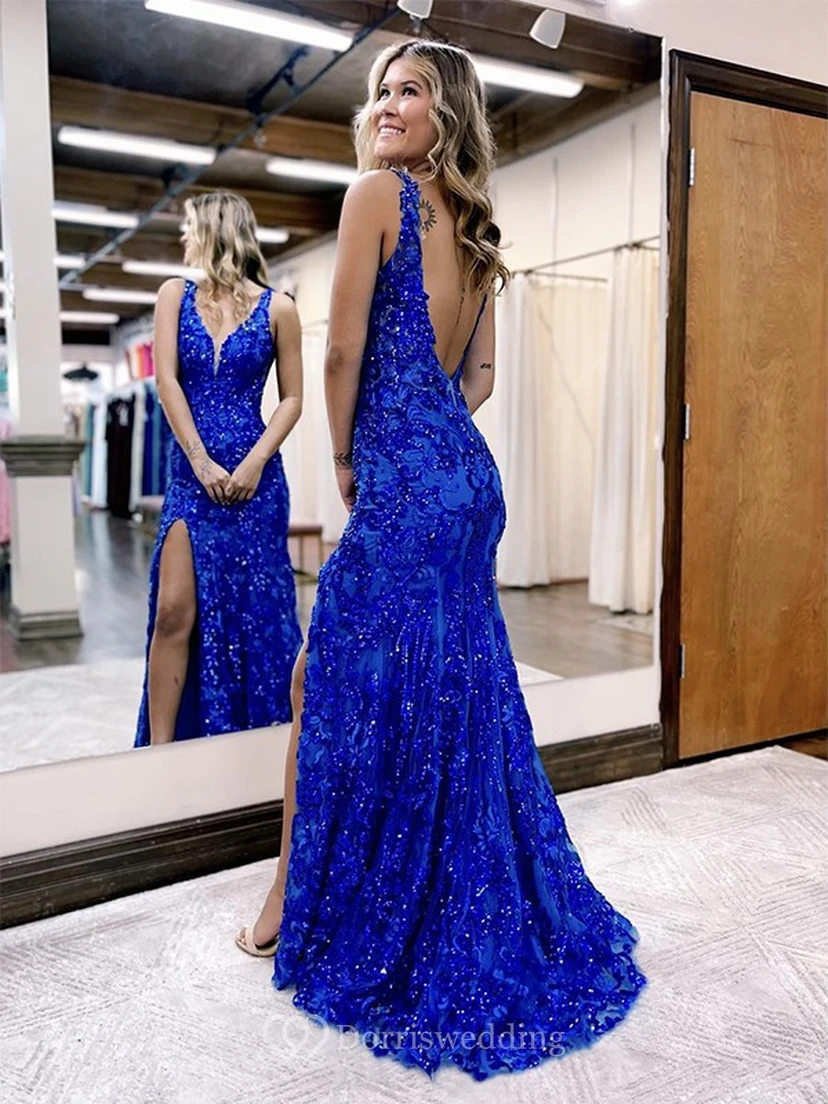 Sleeveless V-neck Dark Blue Front Split Beaded Prom Dress with Sequin view 2