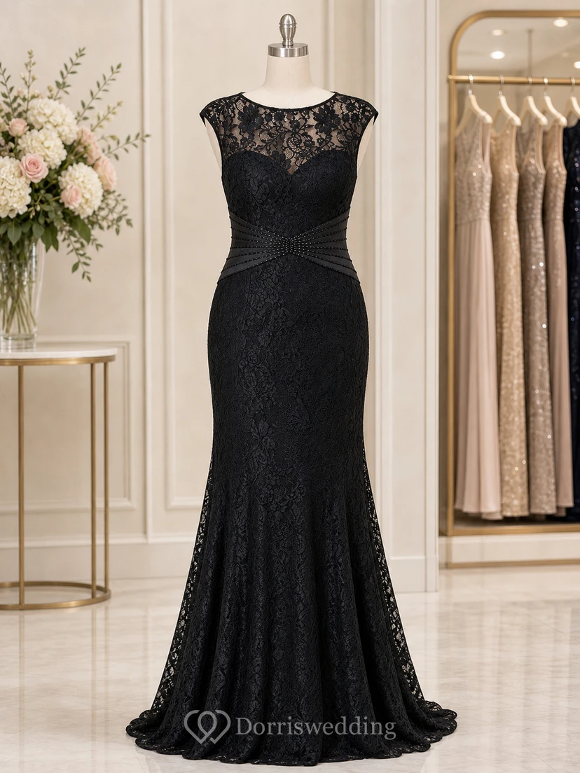 Cap-Sleeved Long Lace Mother Of The Bride Dress With Beadings And V-Back view 5
