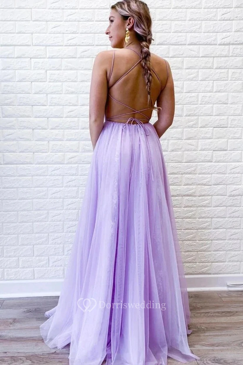 Spaghetti-Empire-Tüll-Plissee-Abendkleid in Flieder view 2
