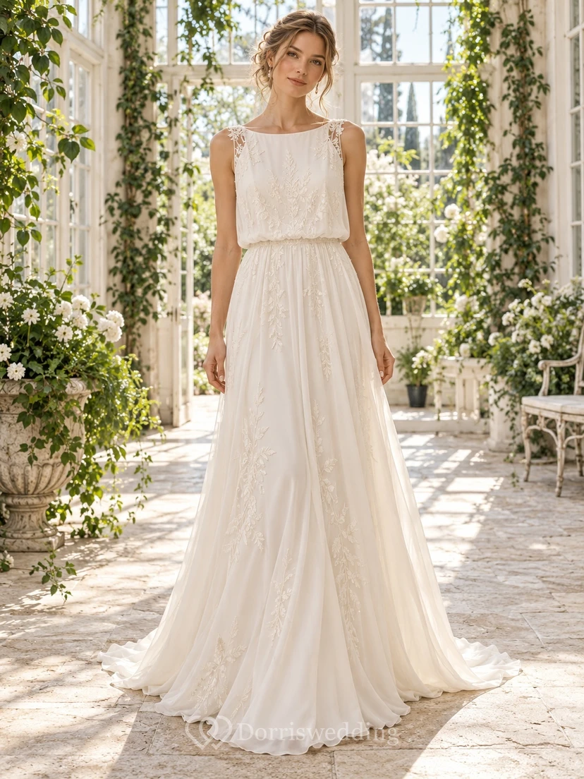 Boho Simple Bateau Sleeveless Blouson Chiffon A-Line Wedding Dress