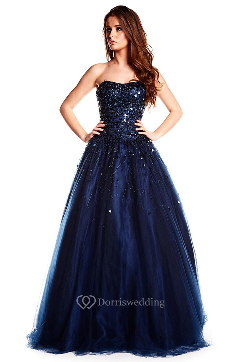 Maxi Strapless Beaded Tulle Prom Dress With Sequins And Corset Back