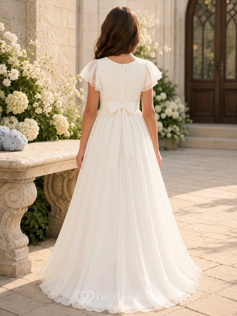 Vestido de tul transparente con mangas de volantes, largo hasta los tobillos, ideal para la comunión o para niñas de las flores. view 2