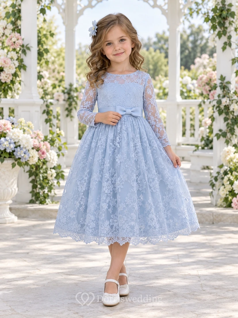 Vestido de niña de flores de manga larga, estilo modesto, azul, con estampado floral y lazo en la espalda.