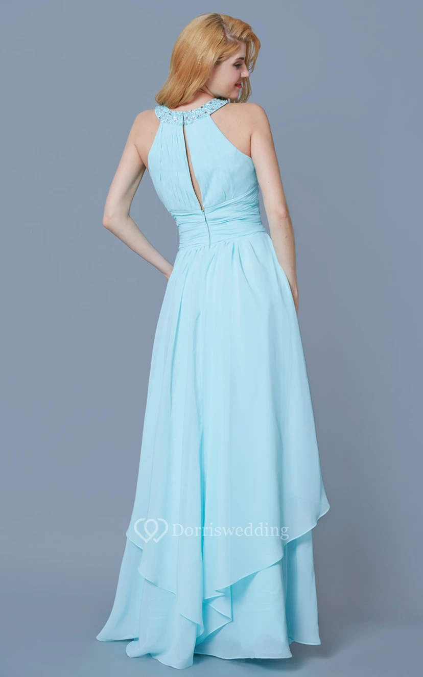 Sleeveless Jewel Neck Ruffled Long Chiffon Dress view 3