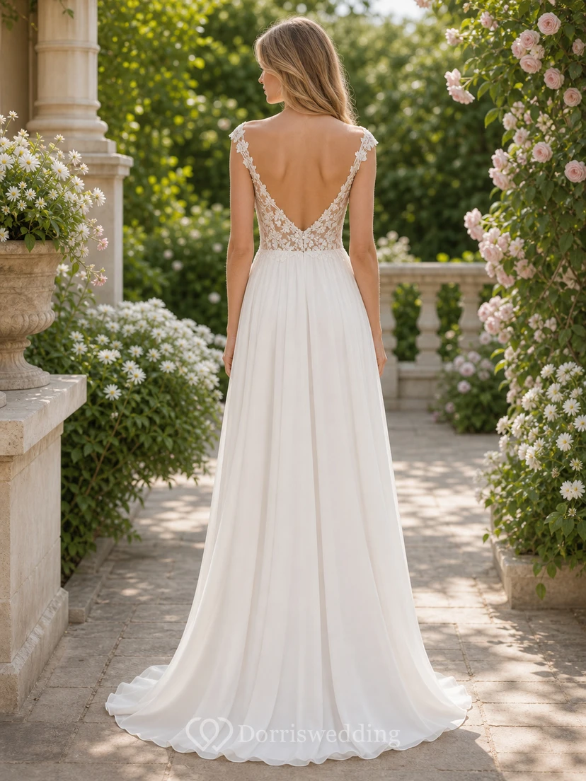 Chiffon-Etui-Brautkleid mit schulterfreiem Ausschnitt und schlichter Spitzenapplikation view 3