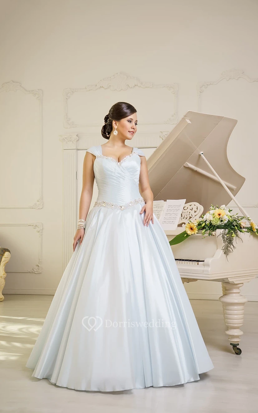 A-Line Maxi V-Neck Cap-Sleeve Lace-Up Satin Dress With Ruching And Beading view 3