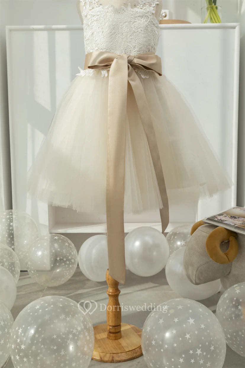 Lace Elegant Tulle A-line Champagne White Flowergirl Dress view 4