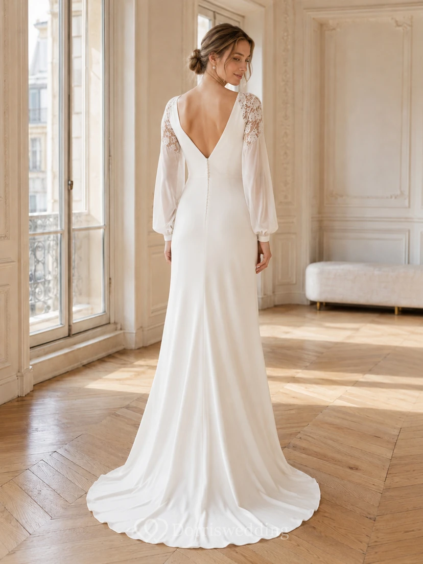 Refined Chiffon Lace Deep V Bishop Sleeve Sheath Sweep Train Floral Sleeves Evening Wedding Dress view 2