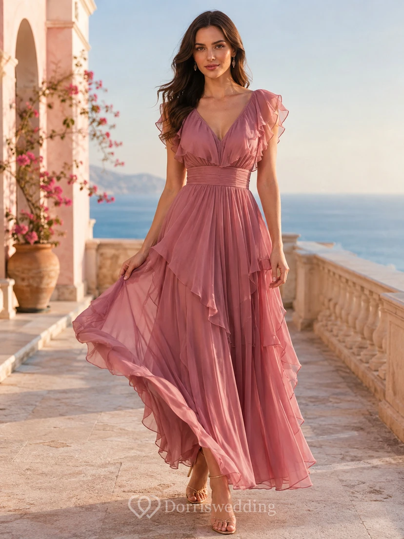 Romantic Vintage-Mauve V-Neck Flutter-Sleeve Tiered Chiffon High-Low A-Line Bridesmaid Dress