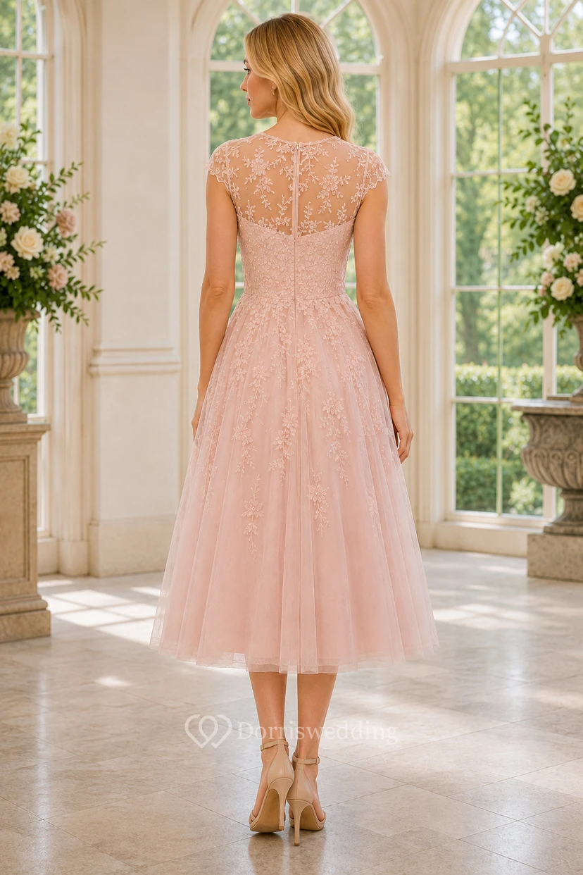 Blushing Pink Illusion Lace Tea Length A-Line Dress with Cap Sleeves view 2
