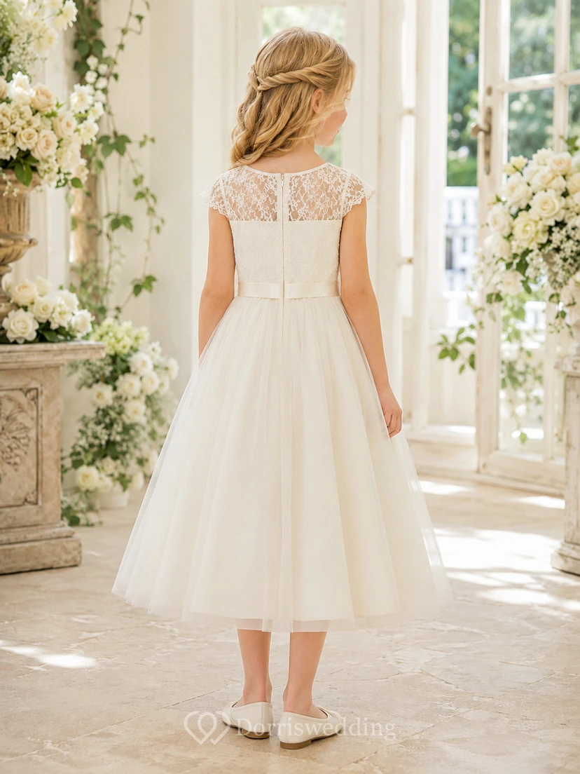 Elegantes, teelanges A-Linien-Kleid aus Tüll mit Spitzenärmeln und Schleife für Blumenmädchen bei einer Gartenhochzeit view 2