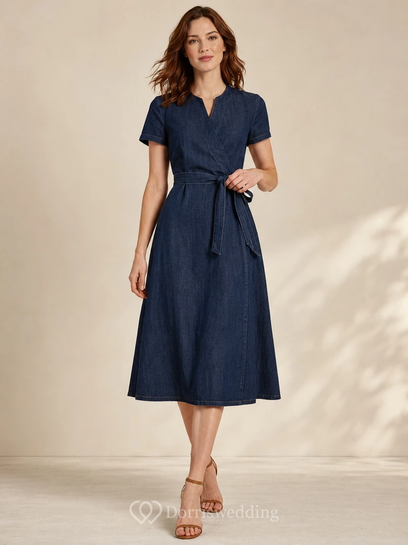 Ink Navy Casual Wrap V-Neck Short-Sleeve Denim A-Line Tea-Length Formal Dress