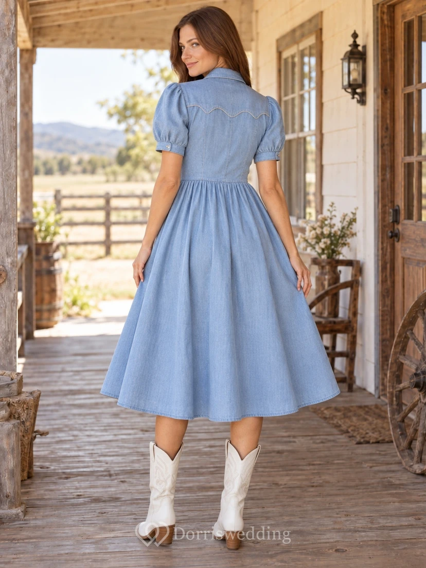 Western Tea-length Sky Blue Collared Puff Sleeve Button Denim Dress view 2