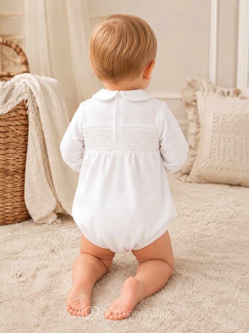White Smocked Front Long Sleeve Peter Collar Blessing Romper for Baby Boy view 2