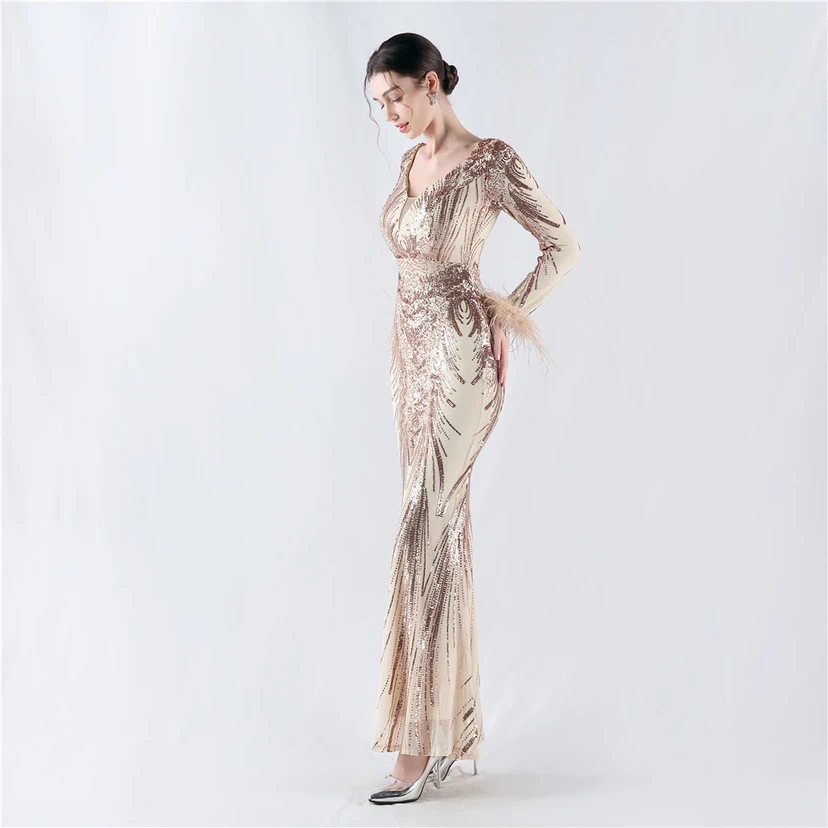Robe de soirée haut de gamme ornée de perles florales fixes et de poils d'autruche, hôte de la réunion annuelle d'hiver view 57