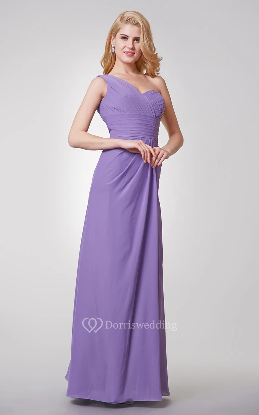 One Shoulder Ruched A-line Long Chiffon Dress view 3