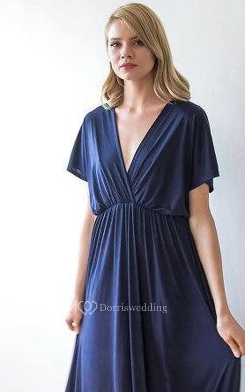V Neck V Back Short Sleeve Pleated A-line Jersey Floor Length Dress