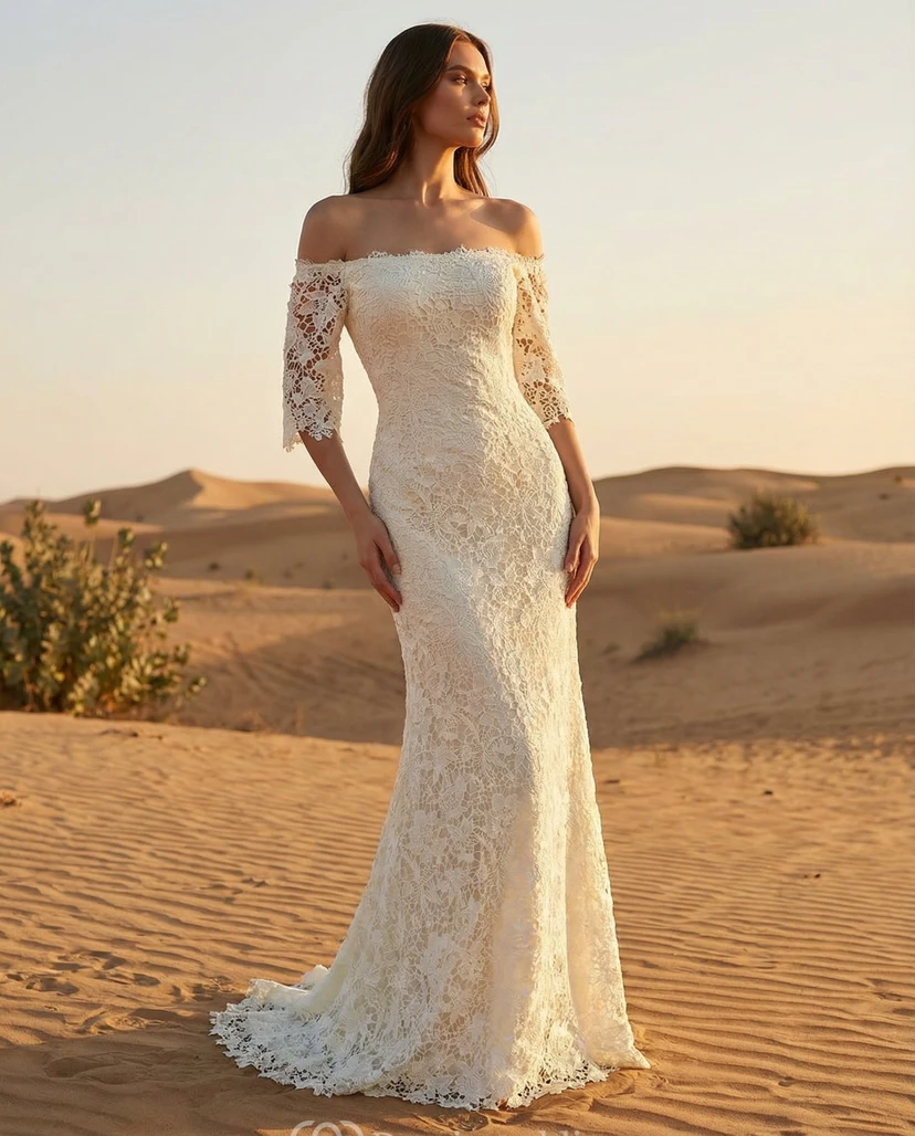 Half Long Sleeve Lace Bohemian Bridal Gown